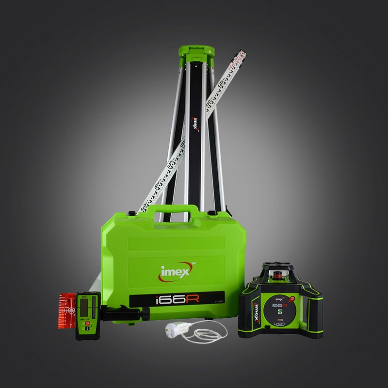 Imex i66R Rotating Laser Level Horizontal only with LRX6 Laser Receiver and Tripod & 5m Staff